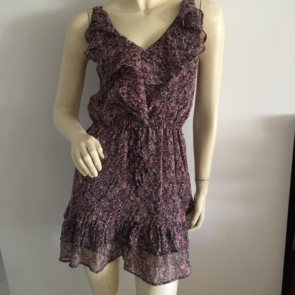 floral Sleeveless chiffon ruffled mini dress with vneck